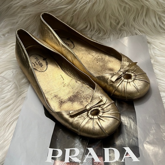 Prada Authentic Metallic Gold Leather Flats - Picture 1 of 9